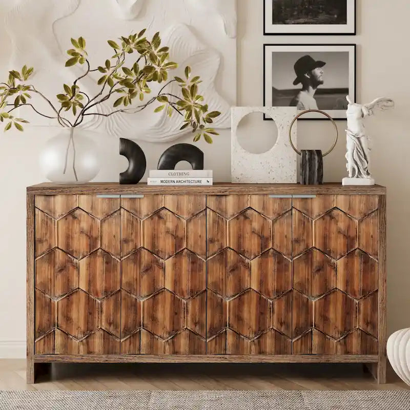 Meuble d'appoint style ferme, buffet en bois à 4 portes, desserte de salle à manger, armoire de rangement