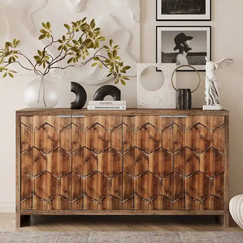 Accent Cabinet Farmhouse Style 4 Door Wooden Cabinet Sideboard Buffet Server Cabinet Storage Cabinet