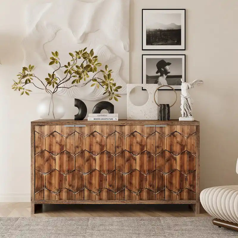 Meuble d'appoint style ferme, buffet en bois à 4 portes, desserte de salle à manger, armoire de rangement