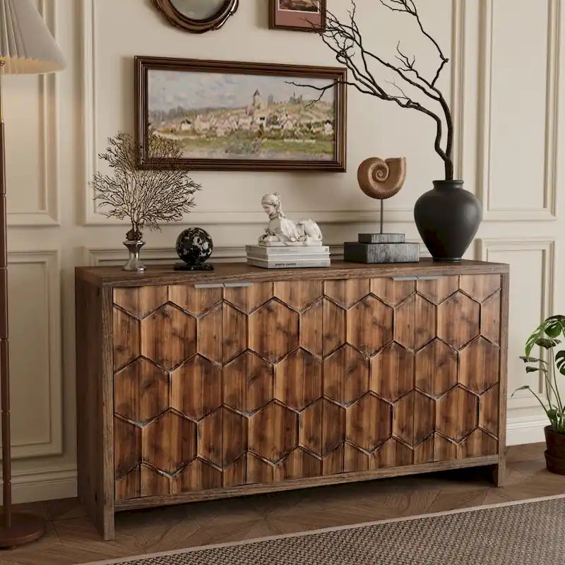 Meuble d'appoint style ferme, buffet en bois à 4 portes, desserte de salle à manger, armoire de rangement
