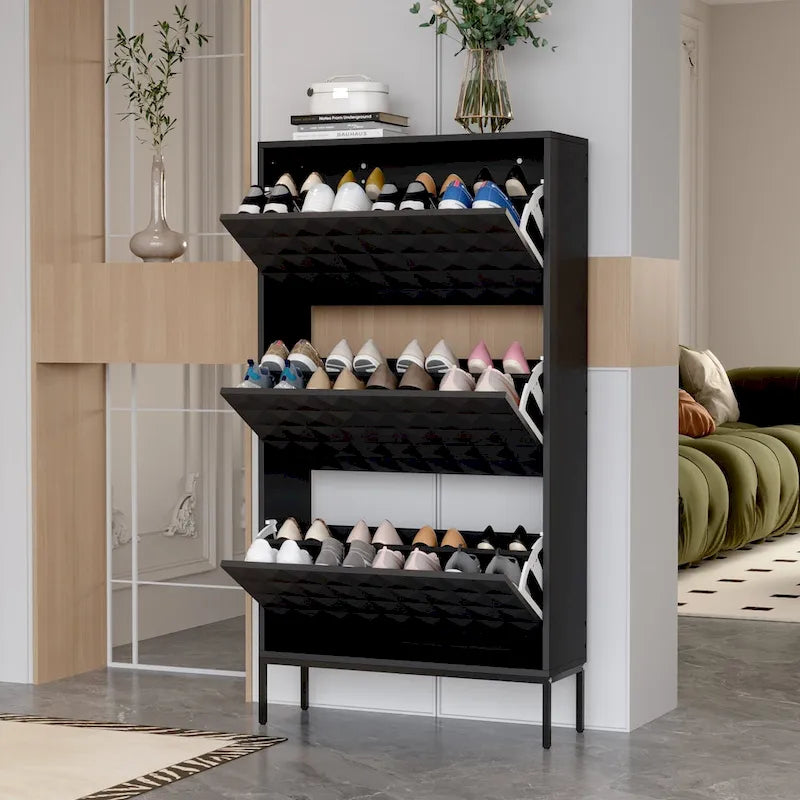 Meuble de rangement pour chaussures noir contemporain avec étagères escamotables dissimulées Organisateur vertical