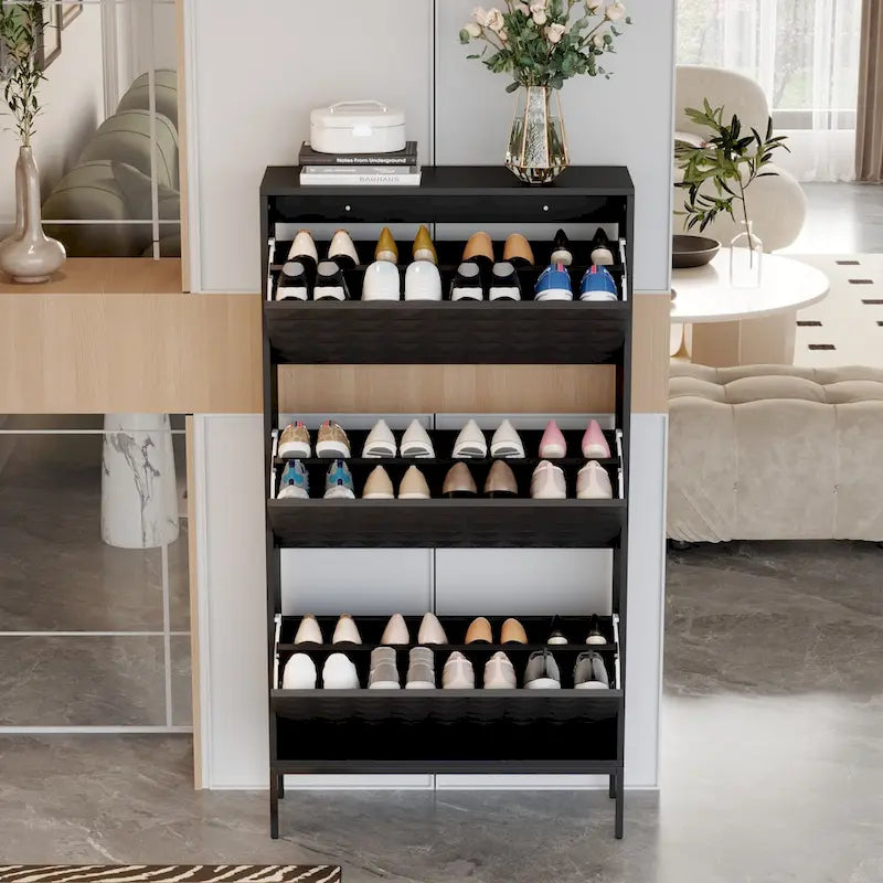 Meuble de rangement pour chaussures noir contemporain avec étagères escamotables dissimulées Organisateur vertical