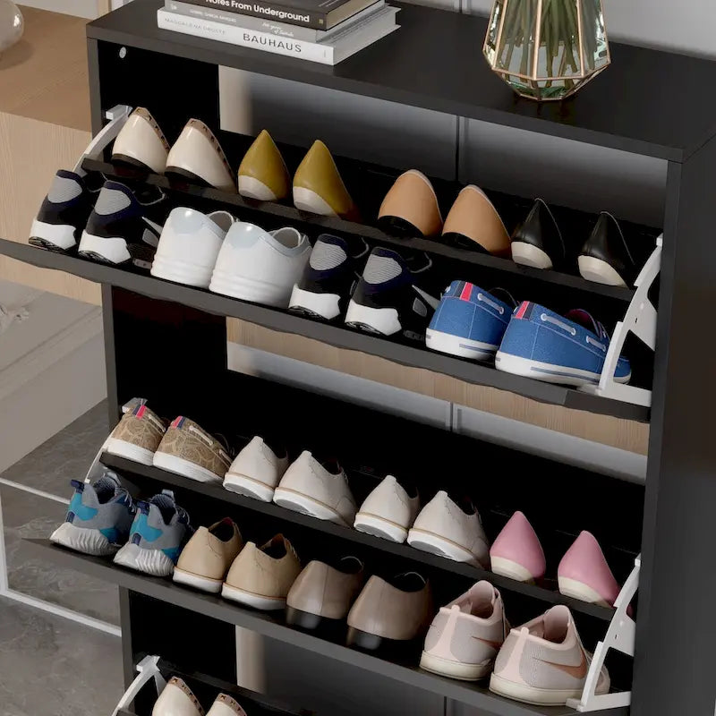 Meuble de rangement pour chaussures noir contemporain avec étagères escamotables dissimulées Organisateur vertical