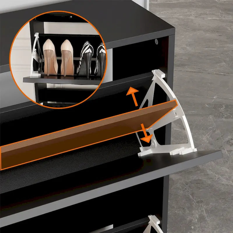 Meuble de rangement pour chaussures noir contemporain avec étagères escamotables dissimulées Organisateur vertical