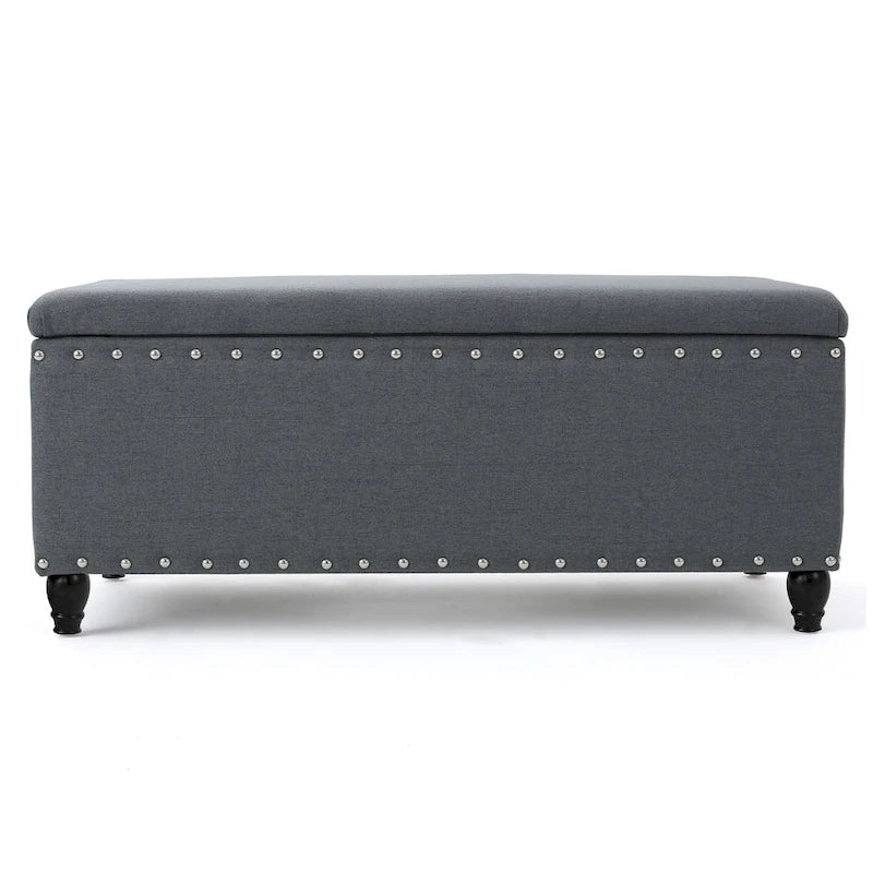 Banc de rangement ottoman, tissu gris foncé, garniture cloutée, 42 pouces