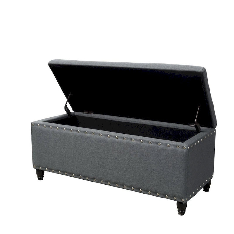 Banc de rangement ottoman, tissu gris foncé, garniture cloutée, 42 pouces