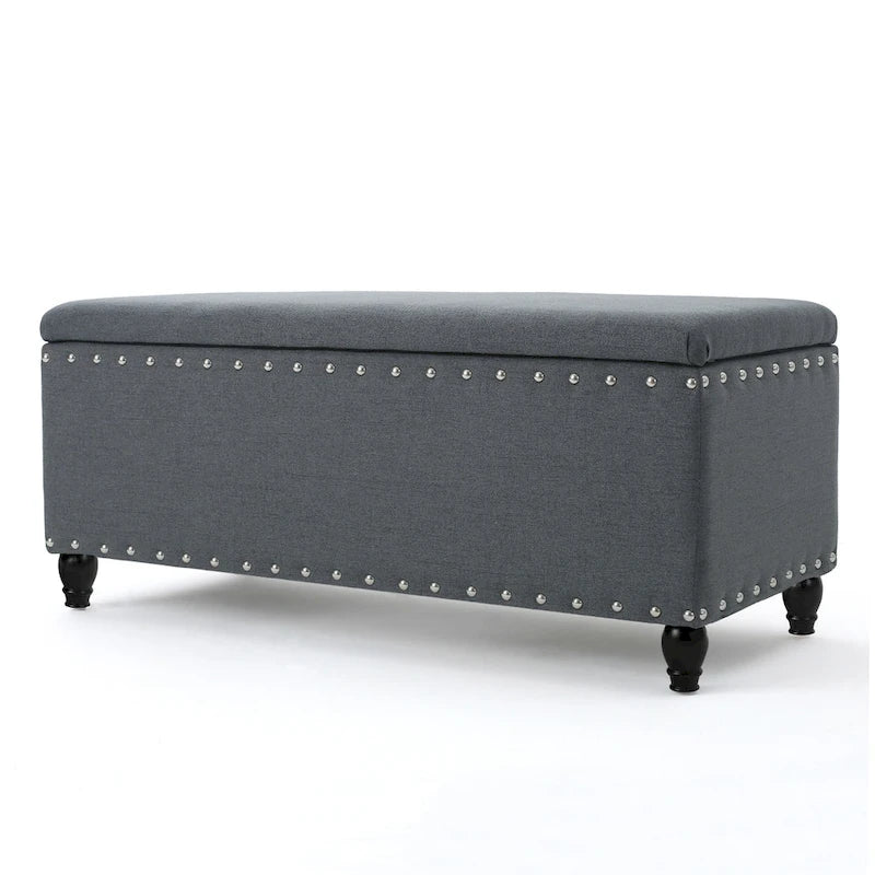 Banc de rangement ottoman, tissu gris foncé, garniture cloutée, 42 pouces