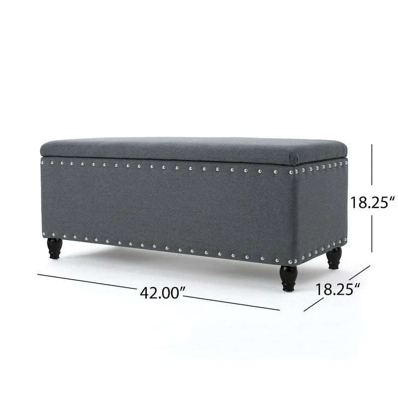 Banc de rangement ottoman, tissu gris foncé, garniture cloutée, 42 pouces