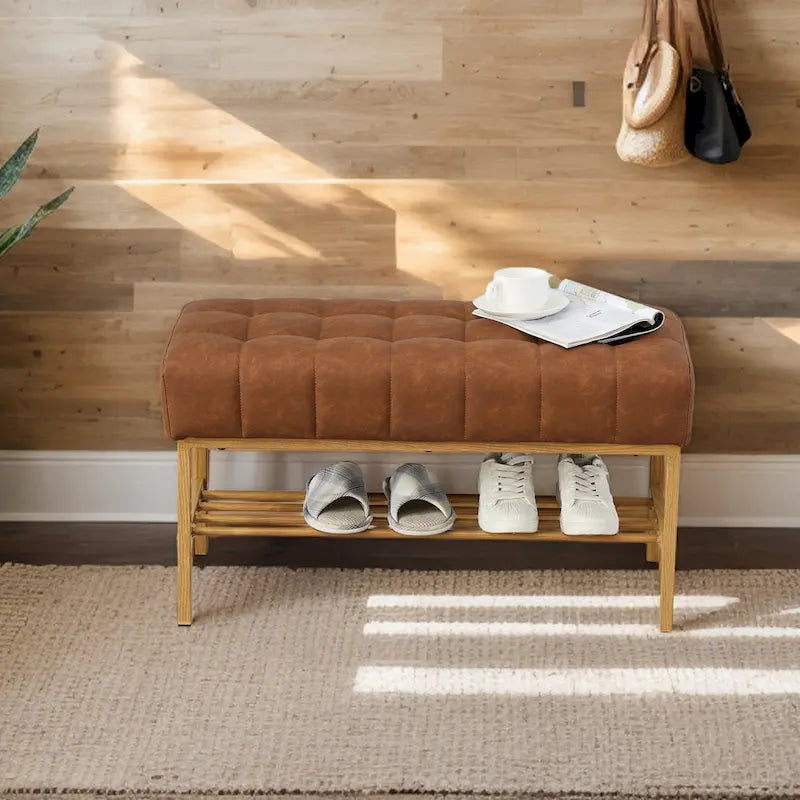 Banc à chaussures de rangement pour entrée, banc de rangement moderne rembourré avec étagère
