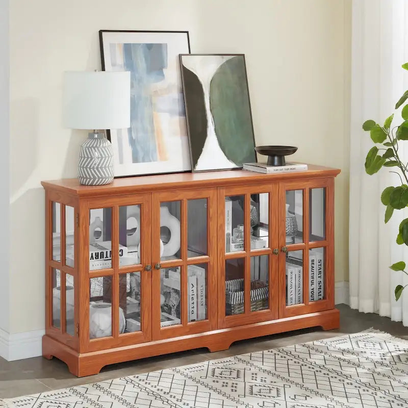 LED Antique Glass Curio Display Cabinet Showcase with 4 Lattice Doors