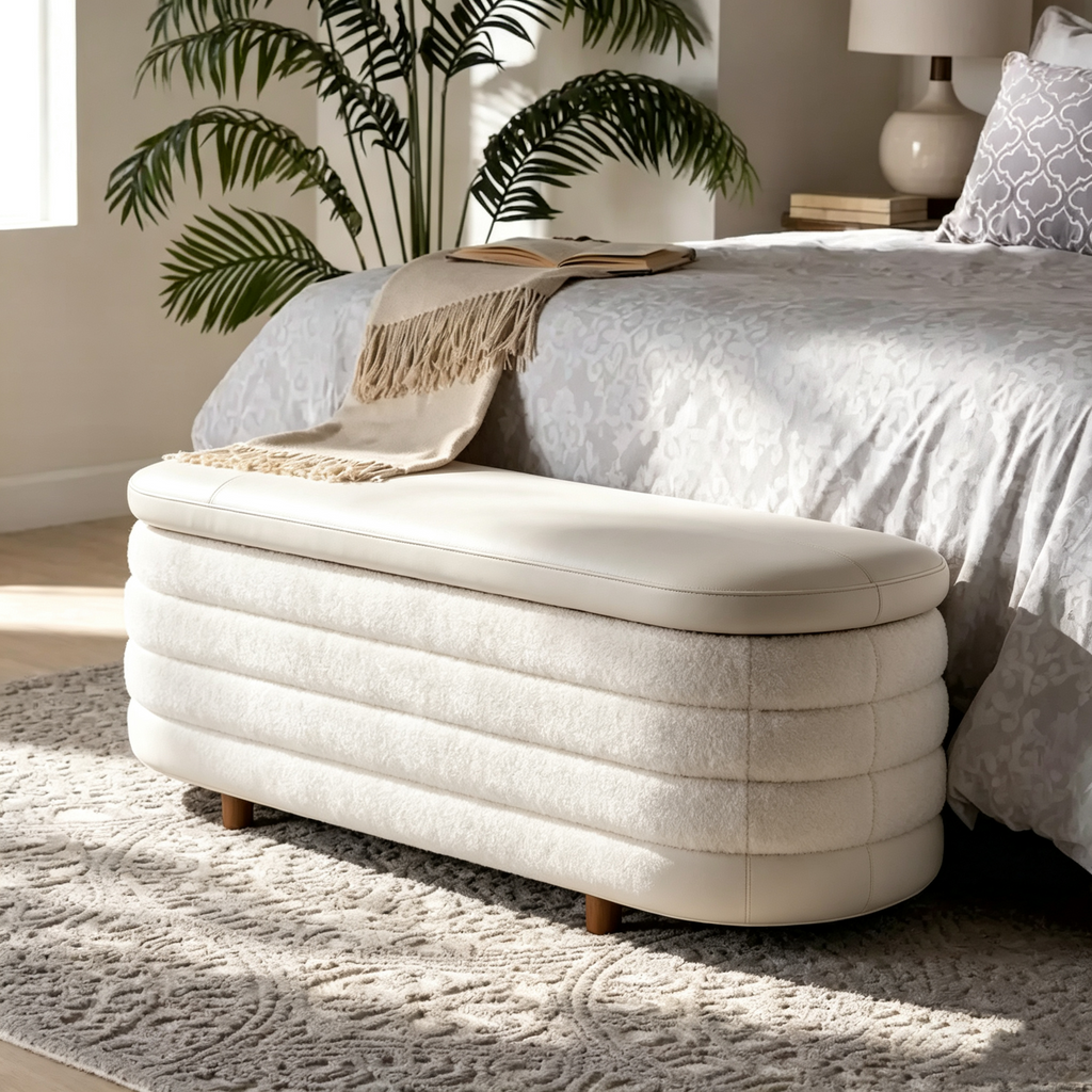 Banc de rangement moderne Japandi en tissu bouclé crème et bois de noyer