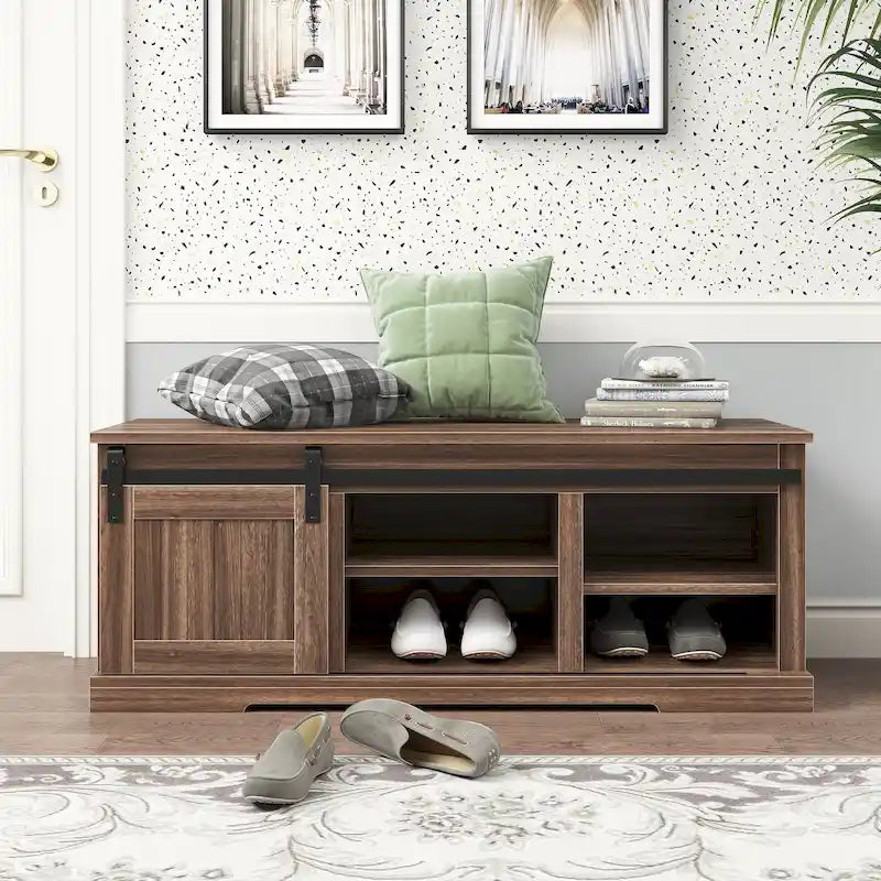 Banc de rangement avec porte coulissante et étagère réglable