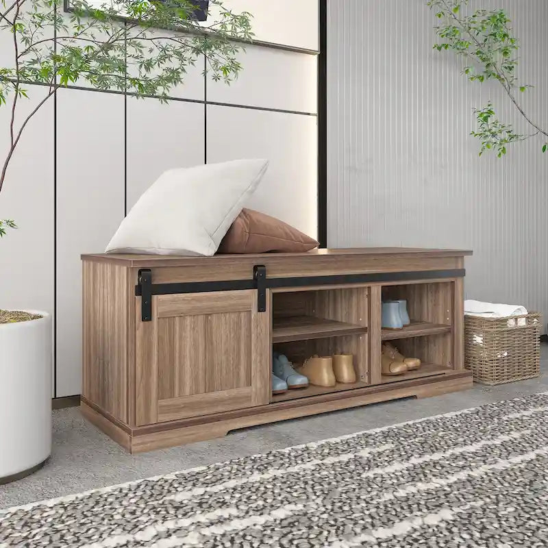 Banc de rangement avec porte coulissante et étagère réglable