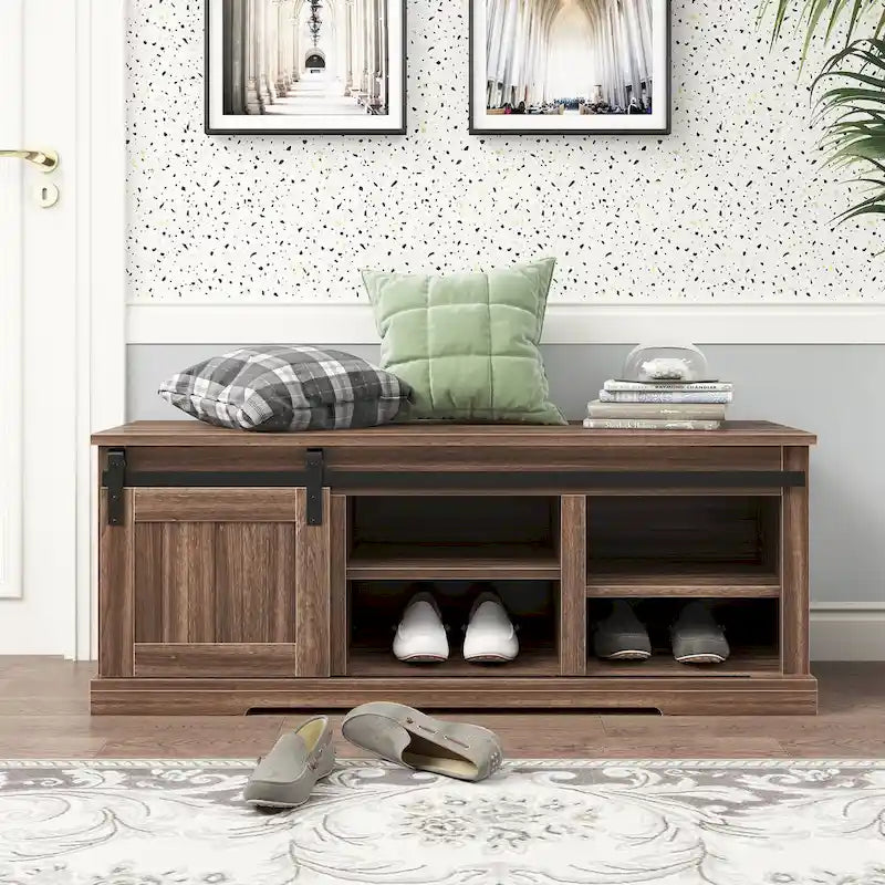 Banc de rangement avec porte coulissante et étagère réglable