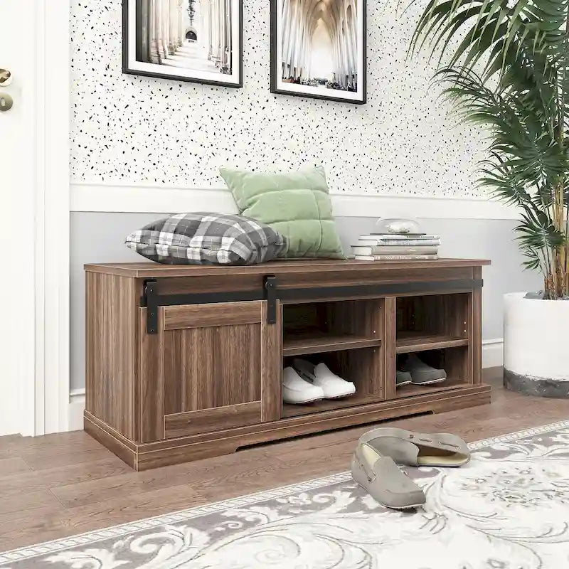 Banc de rangement avec porte coulissante et étagère réglable