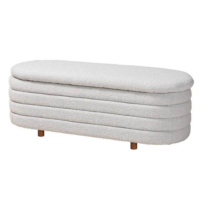 Banc de rangement moderne Japandi en tissu bouclé crème et bois de noyer