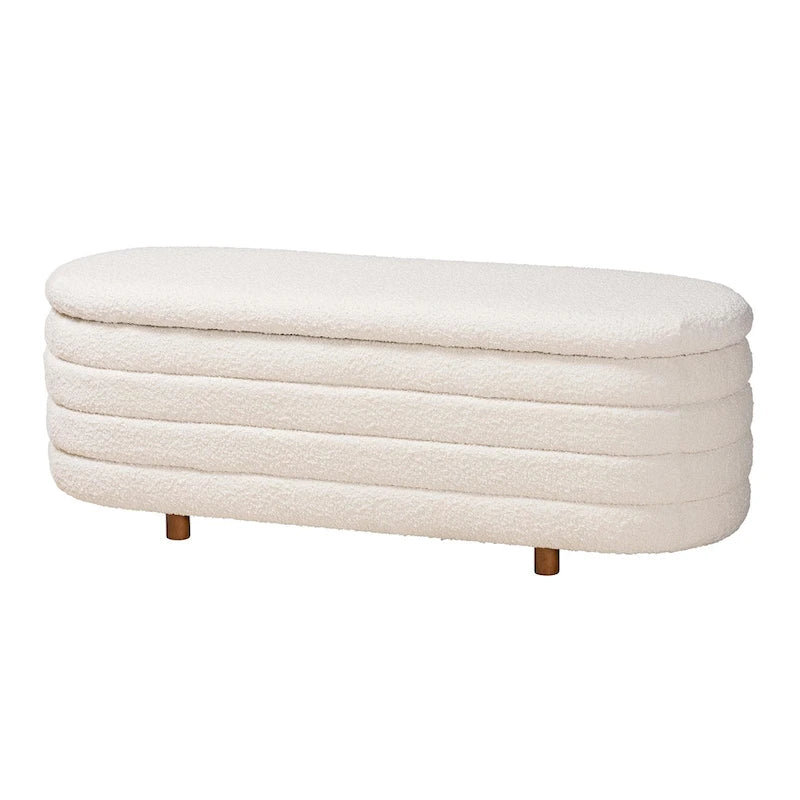 Banc de rangement moderne Japandi en tissu bouclé crème et bois de noyer