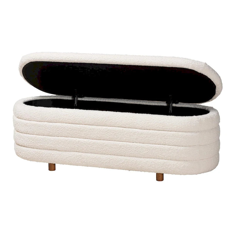 Banc de rangement moderne Japandi en tissu bouclé crème et bois de noyer