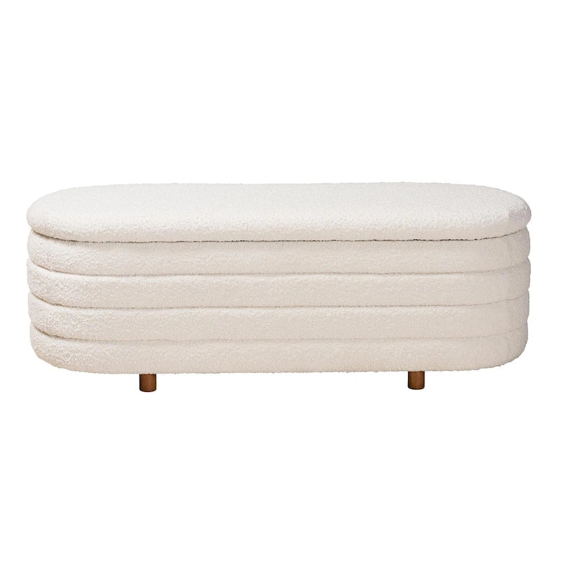 Banc de rangement moderne Japandi en tissu bouclé crème et bois de noyer
