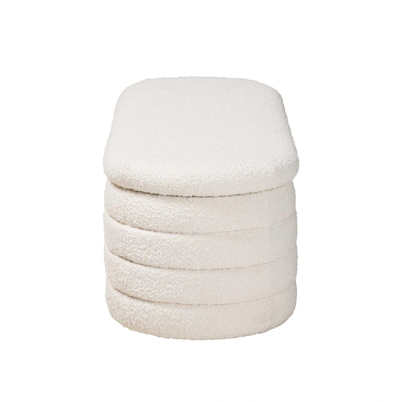 Banc de rangement moderne Japandi en tissu bouclé crème et bois de noyer
