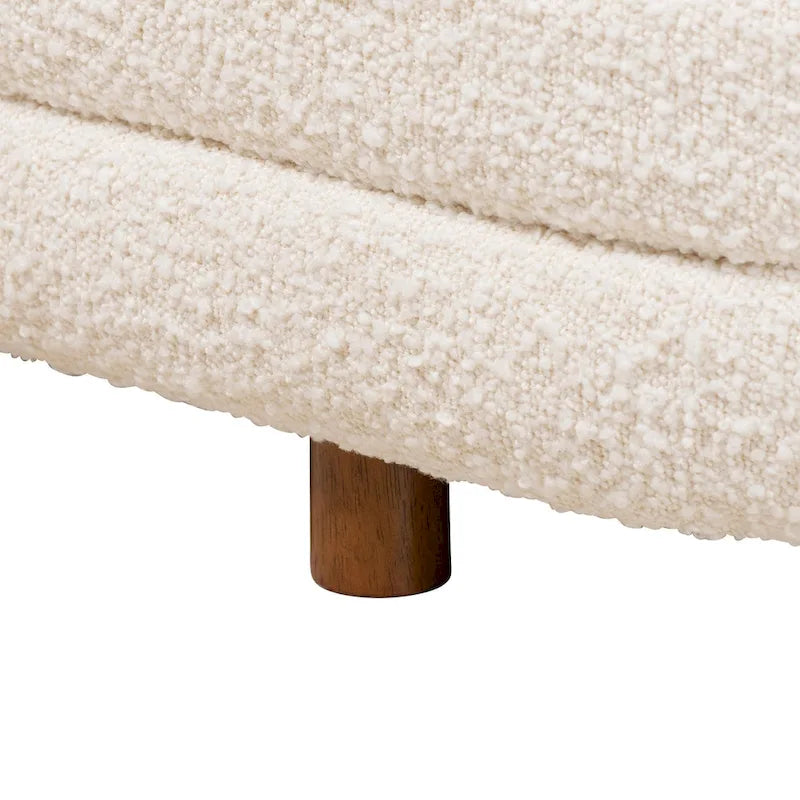 Banc de rangement moderne Japandi en tissu bouclé crème et bois de noyer