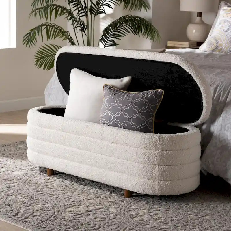 Banc de rangement moderne Japandi en tissu bouclé crème et bois de noyer