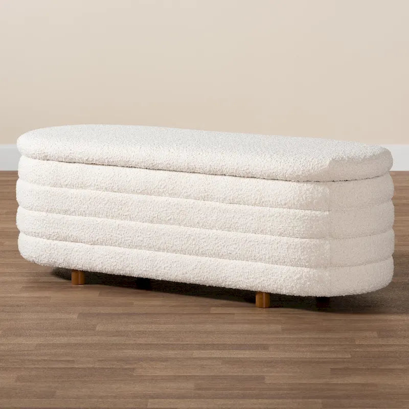 Banc de rangement moderne Japandi en tissu bouclé crème et bois de noyer