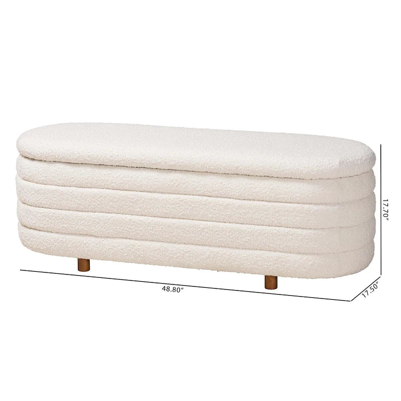 Banc de rangement moderne Japandi en tissu bouclé crème et bois de noyer