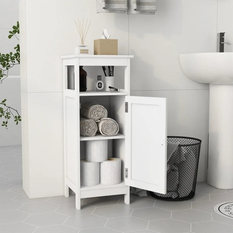 Meuble bas de salle de bain blanc avec porte simple, placard autoportant, organisateur de rangement