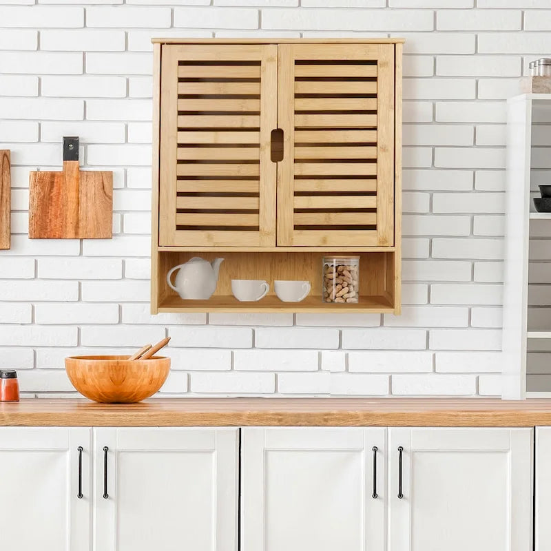 Organisateur de rangement pour armoire murale de salle de bain avec étagère réglable et portes doubles