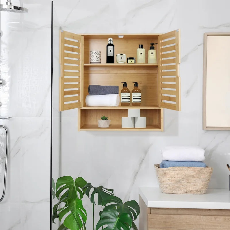 Organisateur de rangement pour armoire murale de salle de bain avec étagère réglable et portes doubles