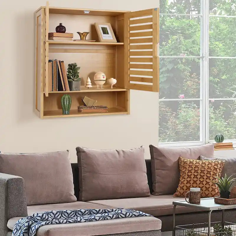Organisateur de rangement pour armoire murale de salle de bain avec étagère réglable et portes doubles