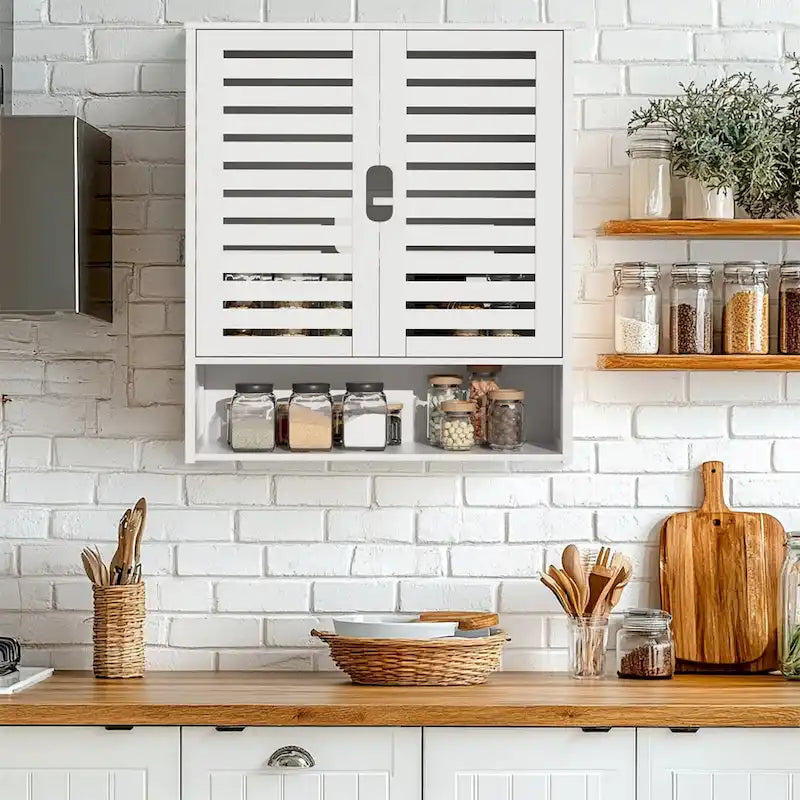 Organisateur de rangement pour armoire murale de salle de bain avec étagère réglable et portes doubles