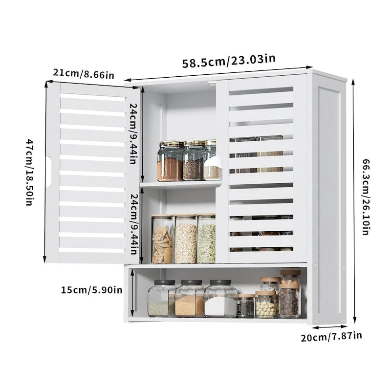 Organisateur de rangement pour armoire murale de salle de bain avec étagère réglable et portes doubles