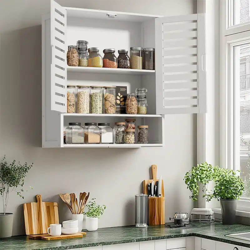 Organisateur de rangement pour armoire murale de salle de bain avec étagère réglable et portes doubles
