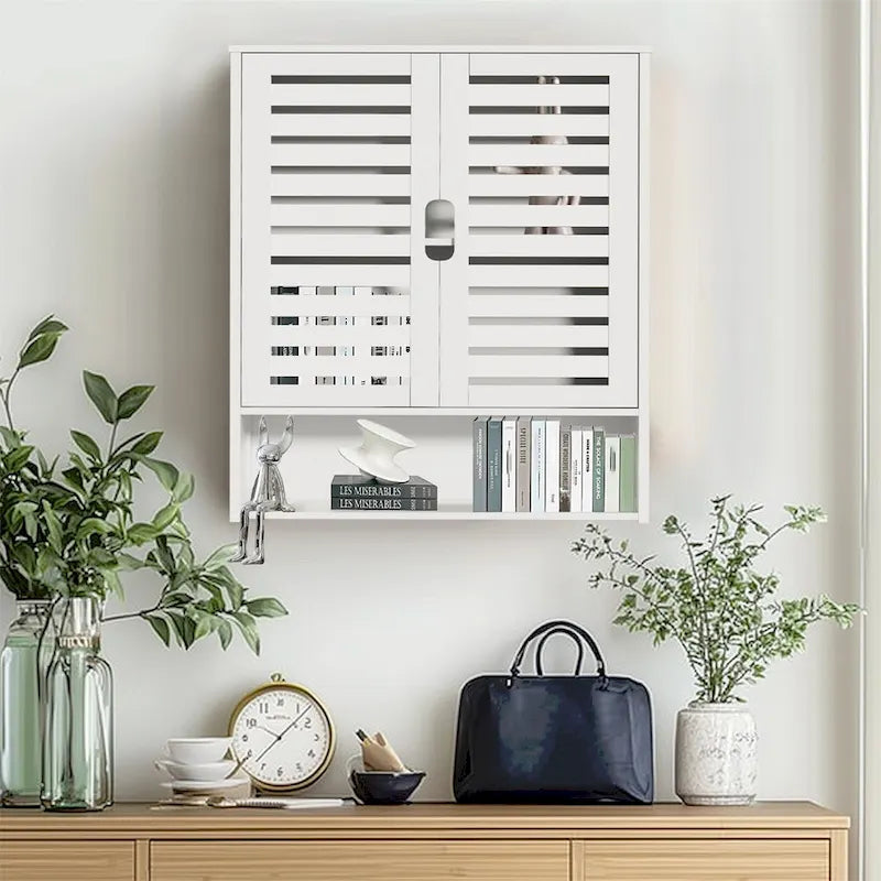 Organisateur de rangement pour armoire murale de salle de bain avec étagère réglable et portes doubles