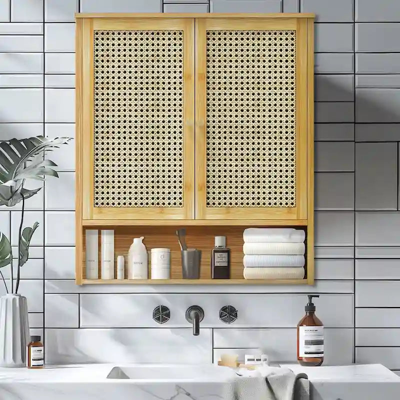 Organisateur de rangement pour armoire murale de salle de bain avec étagère réglable et portes doubles