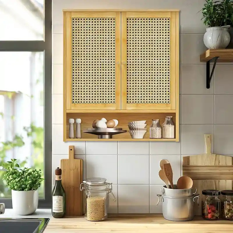 Organisateur de rangement pour armoire murale de salle de bain avec étagère réglable et portes doubles