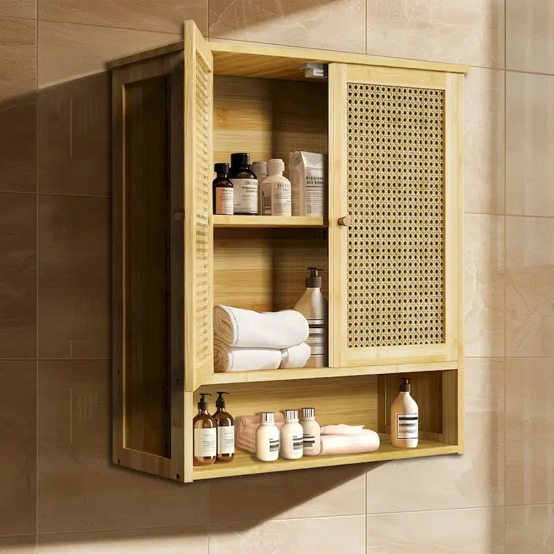 Organisateur de rangement pour armoire murale de salle de bain avec étagère réglable et portes doubles