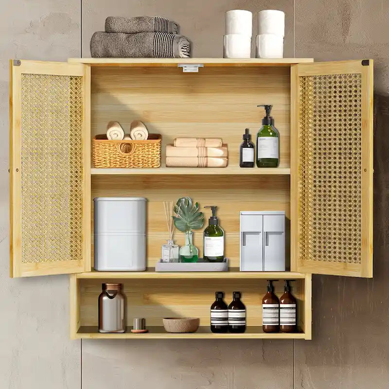 Organisateur de rangement pour armoire murale de salle de bain avec étagère réglable et portes doubles