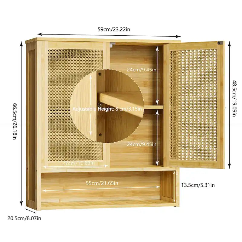 Organisateur de rangement pour armoire murale de salle de bain avec étagère réglable et portes doubles