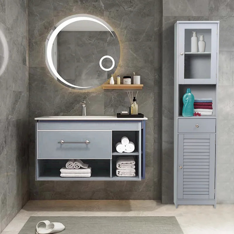 Meuble de Rangement de Salle de Bain de 180 cm de Haut avec 2 Portes et 1 Tiroir, Colonne de Rangement Autonome