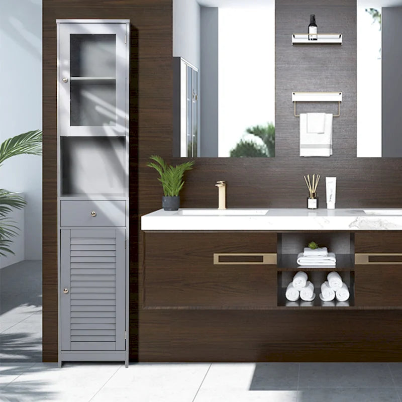 Meuble de Rangement de Salle de Bain de 180 cm de Haut avec 2 Portes et 1 Tiroir, Colonne de Rangement Autonome