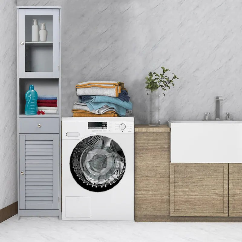 Meuble de Rangement de Salle de Bain de 180 cm de Haut avec 2 Portes et 1 Tiroir, Colonne de Rangement Autonome