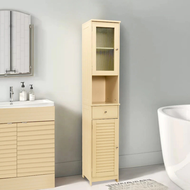 Meuble de Rangement de Salle de Bain de 180 cm de Haut avec 2 Portes et 1 Tiroir, Colonne de Rangement Autonome