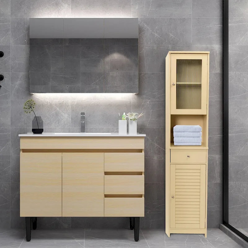 Meuble de Rangement de Salle de Bain de 180 cm de Haut avec 2 Portes et 1 Tiroir, Colonne de Rangement Autonome