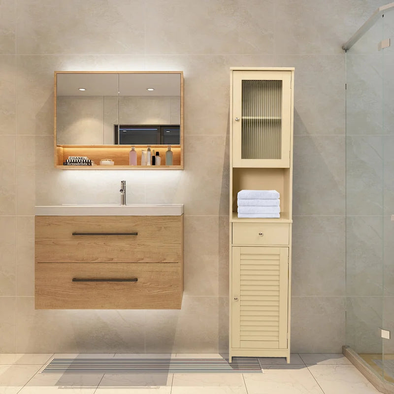 Meuble de Rangement de Salle de Bain de 180 cm de Haut avec 2 Portes et 1 Tiroir, Colonne de Rangement Autonome