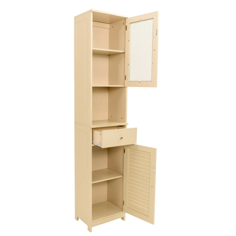 Meuble de Rangement de Salle de Bain de 180 cm de Haut avec 2 Portes et 1 Tiroir, Colonne de Rangement Autonome