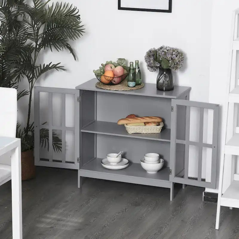 Buffet de rangement avec 2 portes transparentes pour cuisine, couloir, gris