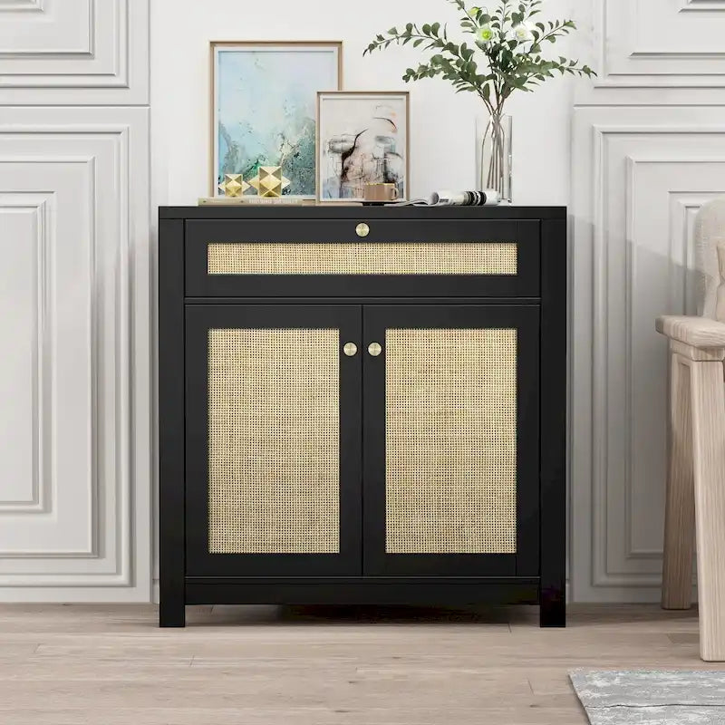 Meuble de rangement en rotin noir avec tiroir et 2 portes, étagères réglables